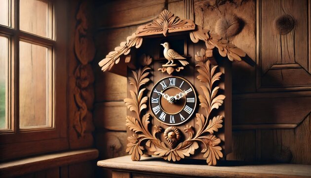 Traditional cuckoo clock showing time in cozy wooden chalet