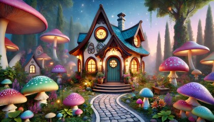 Fairytale mushroom house with glowing windows in an enchanted forest at night