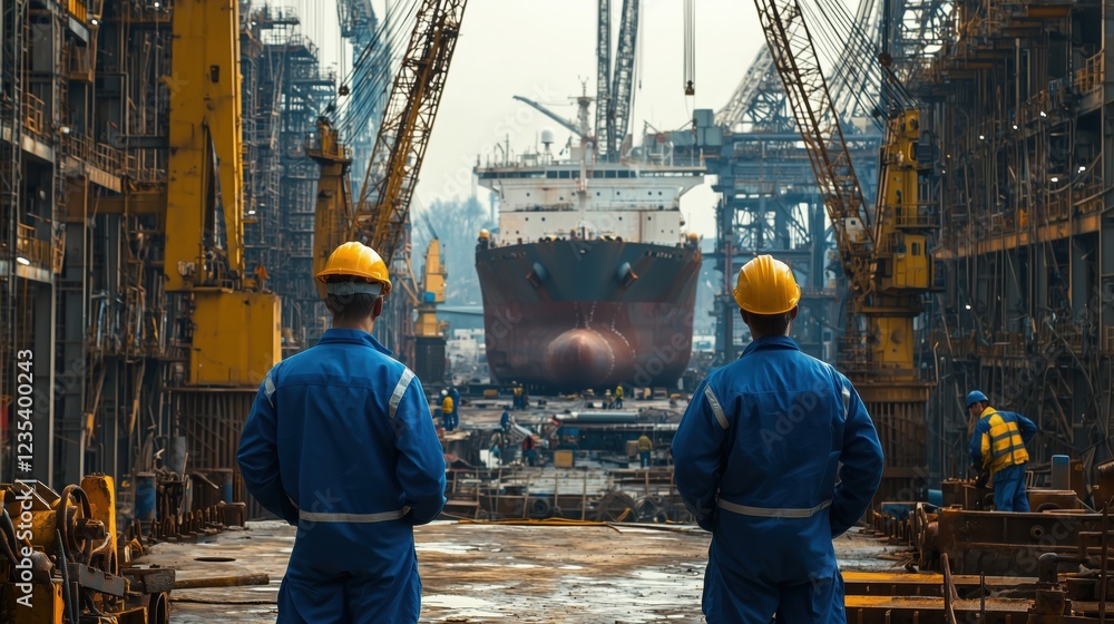 Poster workers observing ship building process in busy shipyard with cranes and heavy machinery in industri