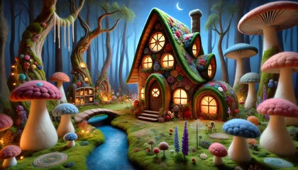 Naklejka premium Fairytale mushroom house glowing at night in an enchanted forest