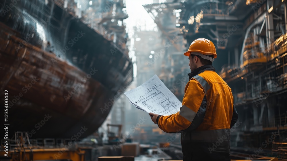 Poster detailed view of shipyard worker inspecting blueprints with large ships under construction in backgr