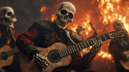 Obraz premium A vibrant scene featuring skeletons playing guitars amidst flames, evoking themes of life, death, and celebration in a lively atmosphere.