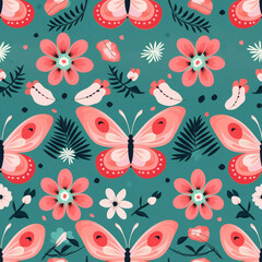 A colorful floral pattern with butterflies and flowers