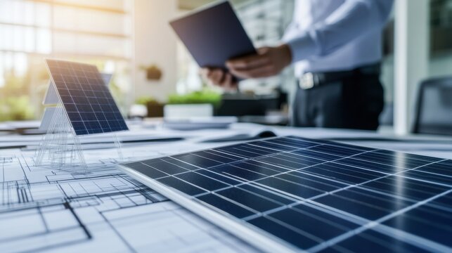 A renewable energy consultant presenting solar panel designs to clients in a modern office, with solar panel models and architectural blueprints visible, Renewable energy consultancy scene