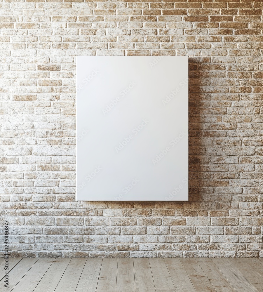 Poster a minimalist wall featuring a blank canvas against a textured brick backdrop, creating a clean and m