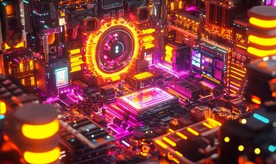 Futuristic server room interior with glowing lights and intricate details