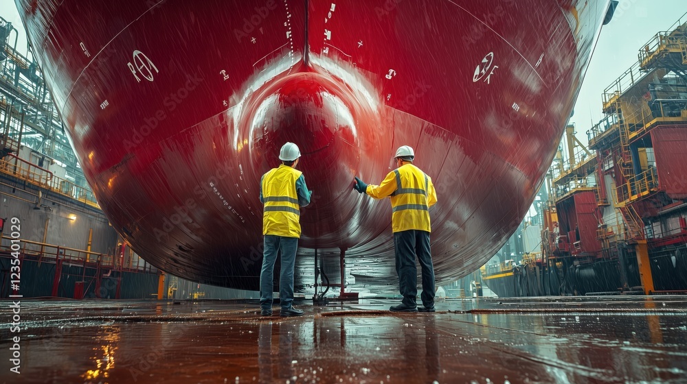 Poster workers inspecting the bow of a large red ship in a shipyard on a rainy day with industrial structur