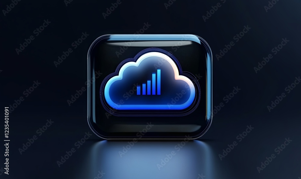 Poster glowing cloud with signal bars icon in dark square on reflective surface, ideal for tech concepts