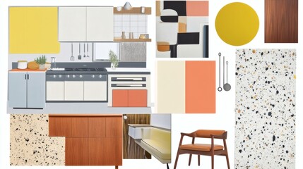 Mid-Century Modern Kitchen Design Mood Board Retro Color Palette and Textures