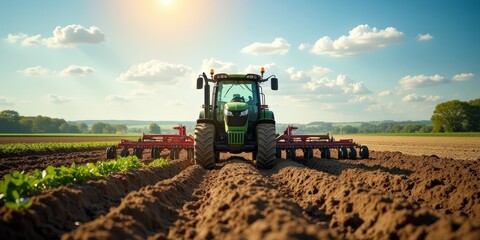 Tractor plowing field under sunny sky