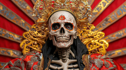Obraz premium A decorated skeleton sits regally against a vibrant, ornate backdrop, showcasing intricate details and cultural significance.