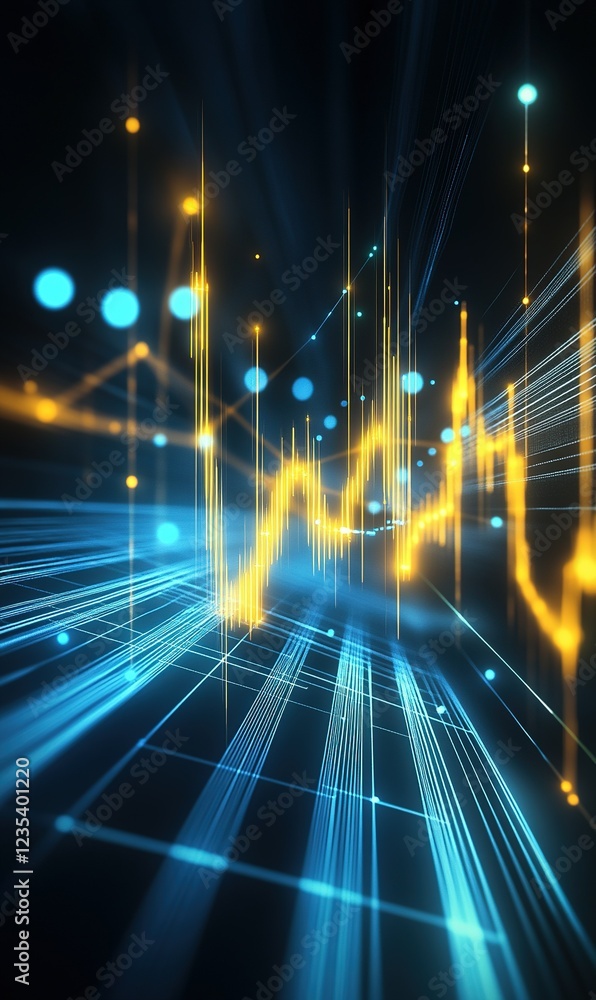 Poster glowing graph data analysis on digital grid background, for tech or finance visuals