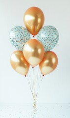 Gold and confetti balloons on white background, celebration concept