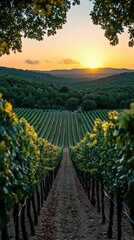 Fototapeta premium Sunset over Lush Green Vineyard Rows