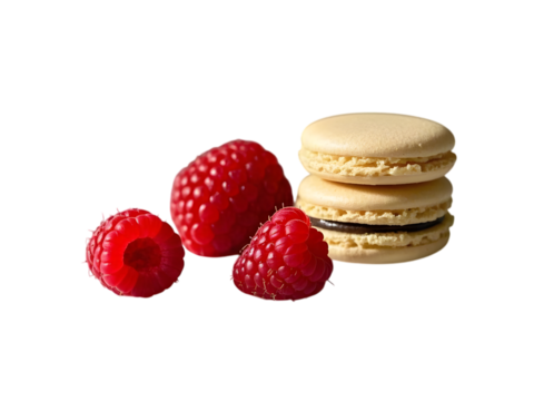 Raspberry and macrons isolated on white or transparent bakcground