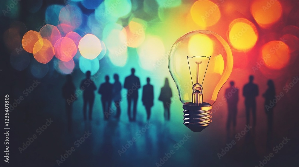 Poster a lit lightbulb with a group of silhouetted figures in a colorful bokeh background