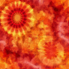 Fototapeta premium A painting of two orange circles with a red background