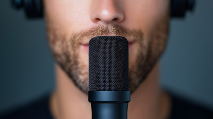 A close-up of a bearded man speaking into a professional microphone, capturing details of voice recording and podcasting.