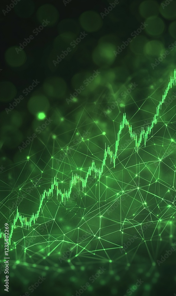 Poster green stock market chart rising on dark background with connected network data points