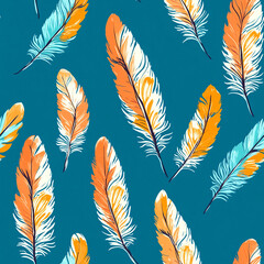 A blue and orange feather pattern with a blue background