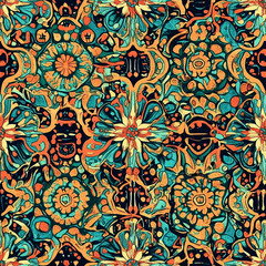 A colorful floral pattern with a blue background