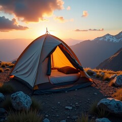 A serene tent scene unfolds at sunset, with a bed inside and mountains in the distance