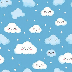 A blue background with a pattern of clouds with smiling faces