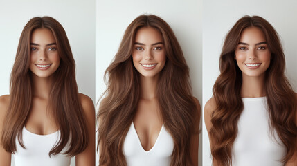 A smiling woman showcasing three different hairstyles, demonstrating the beauty of long, voluminous, and wavy hair transformations.