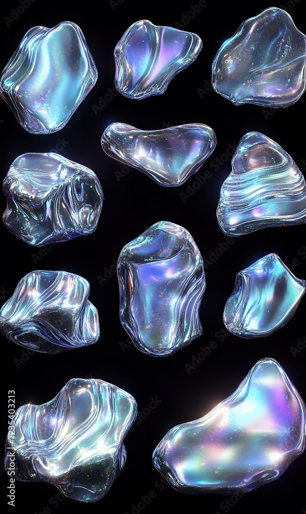 Poster Iridescent abstract shapes on black background. Ideal for tech or design projects