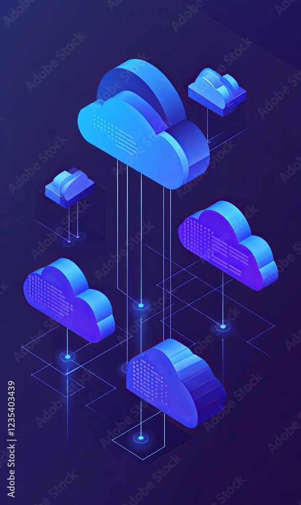 Poster isometric cloud computing network data storage connection on dark blue