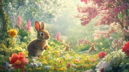 Adorable Bunny in a Springtime Meadow with Easter Eggs