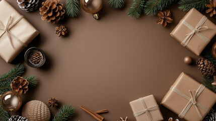 Elegant Christmas flat lay featuring natural pinecones, gold decorations, and wrapped gifts on a warm brown background.
