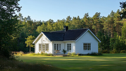 Obraz premium A charming white cottage with dark shutters, surrounded by lush forest greenery and a well-manicured lawn.