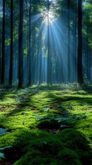 Fototapeta premium Sunbeams Illuminate Mystical Forest Path
