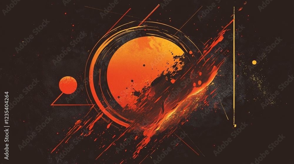 Poster abstract fiery graphic design with geometric lines and splatters on dark background