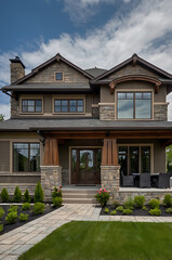 Fototapeta premium Luxury Craftsman Style Home Exterior: Stone and Wood Facade, Landscaped Gardens