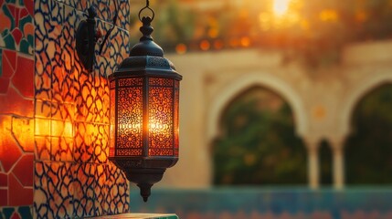 Ornate Lantern Against a Mosaic Wall with a Blurred Background