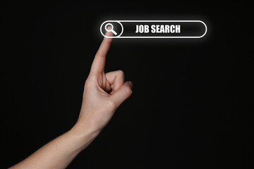 Job search. Woman touching virtual search bar on black background, closeup