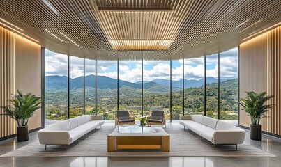Modern office lounge with mountain view, ideal for relaxation or meetings
