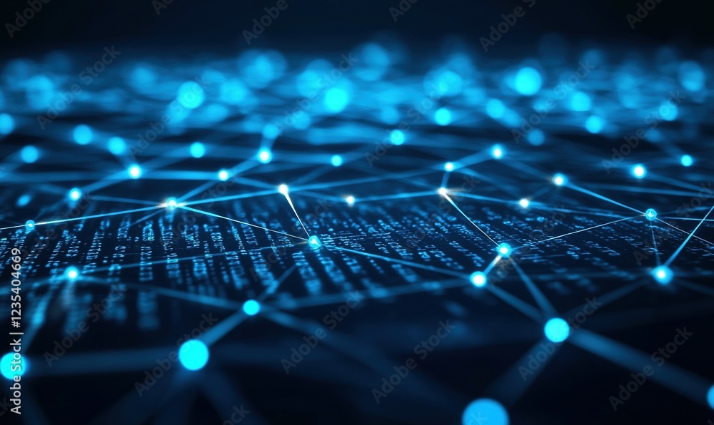 Poster network data connections glowing blue with data matrix background