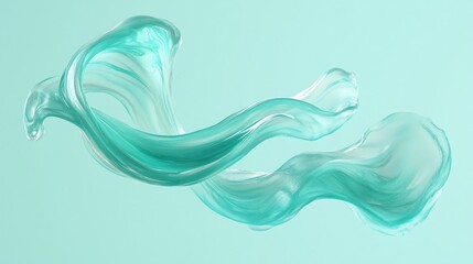 Abstract teal fluid waves flow against soft mint background rendering with smooth light