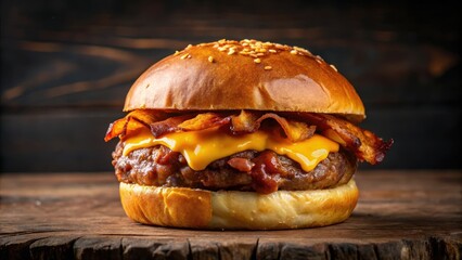 Juicy beef patty, crispy bacon and melted yellow cheese on a toasted bun, cheese, triple-meat,  cheese, triple-meat