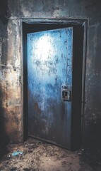 Open metal door in dark grungy room, light from outside, mystery, escape concept