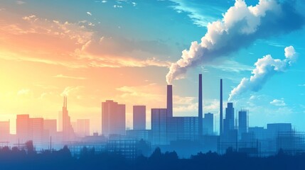Obraz premium Cityscape at Sunset with Industrial Smokestacks