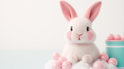 Obraz premium Cute Easter Bunny Surrounded by Pink Eggs and Soft Clouds