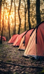 Orange tents in forest campsite at sunset