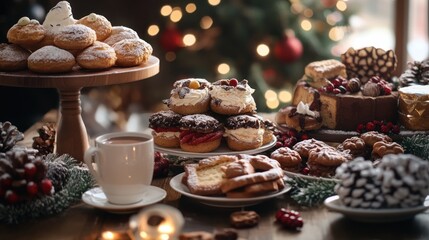 Christmas Dessert Table with Chocolate-Dipped Cream Puffs, Cake, and Cookies
