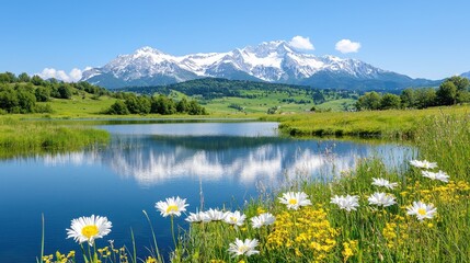 Alpine lake reflection, wildflowers, mountain vista