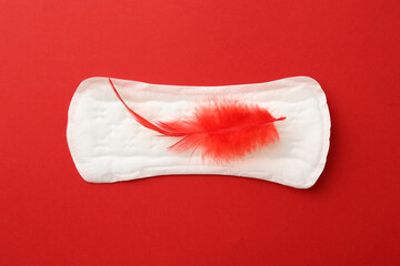 Menstrual pad with feather on red background, top view