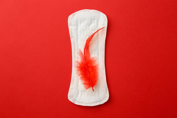 Menstrual pad with feather on red background, top view